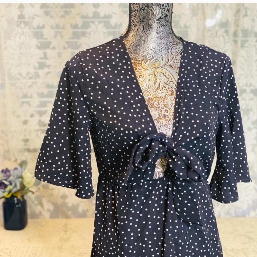 Boho Blue and White Polka Dot Tie Front Midi Dress - Picture 2 of 7